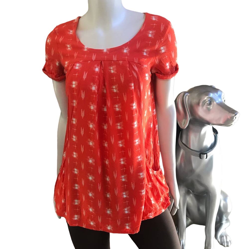 Anthropologie Holding Horses Orange Short Sleeve Tunic Blouse w/ Pockets Size S